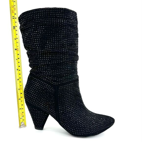 Report Cache Black Boot Size 10 Embellished Pleated/Slouchy Almond Toe Cone Heel - Picture 8 of 9
